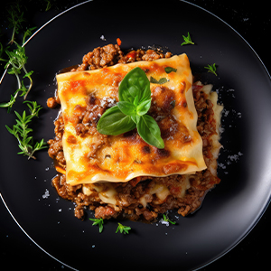 Layers of pasta sheets with a rich mix of minced beef, onions, celery, carrots, herbs, tomato, garlic, and cream. Topped with Bechamel and Mozzarella cheese