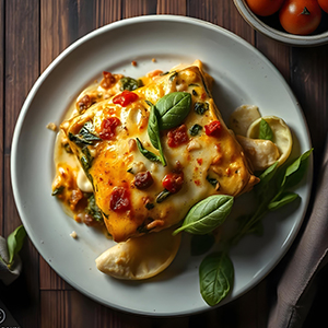 Creamy chicken and spinach lasagne with onions, garlic, and herbs. Topped with mozzarella and Gouda cheese.