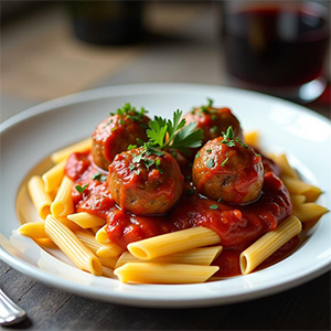 Plate of penne pasta with beef meatballs in a tomato and Parmesan sauce