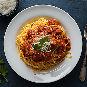 Traditional sauce of minced beef, onions, garlic, herbs, celery, carrots, and tomato.