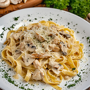 Tagliatelle pasta in a rich, creamy Alfredo sauce with onions, garlic, herbs, bacon, ham, and mushrooms