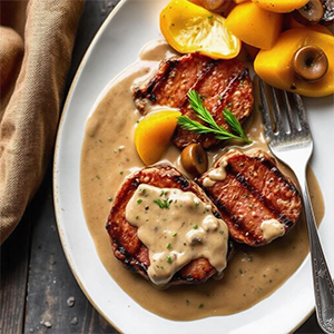 Grilled beef medallions with creamy mushroom sauce and butternut