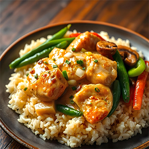 Chicken Ala King with creamy sauce and rice