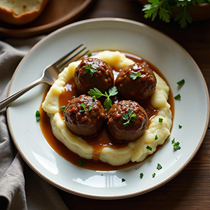 Meatballs & Mash served in a bowl